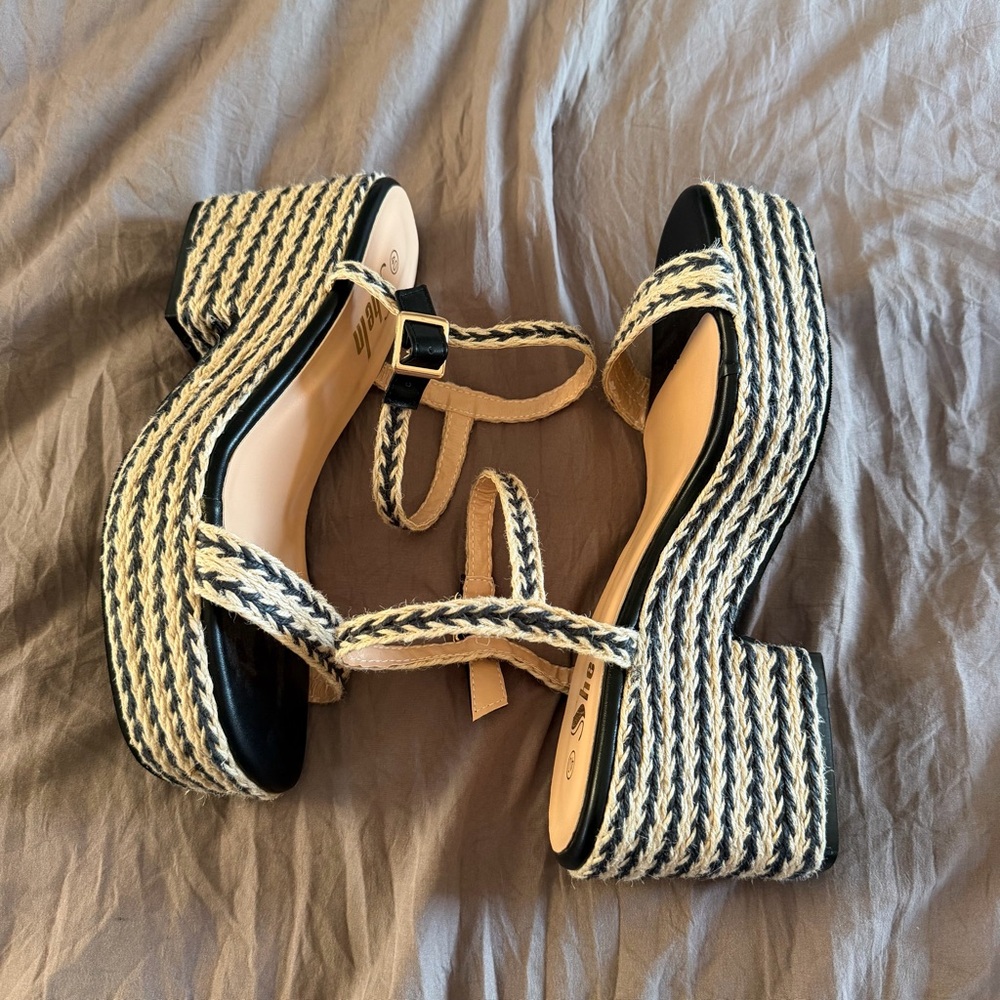 Woven Platform Sandals in Black and Cream